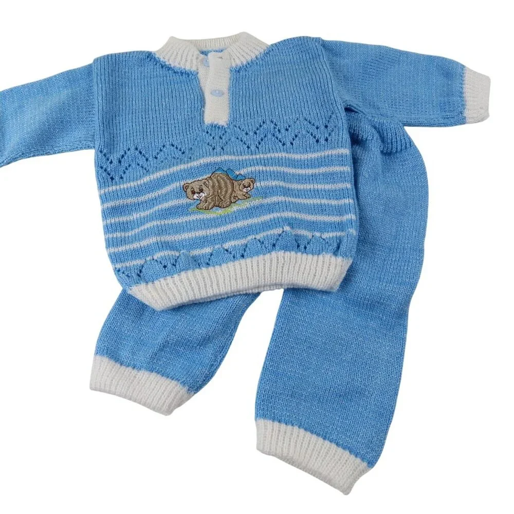 VINTAGE Baby Boy Blue White Sweater Pants Outfit Set with Embroidered Bear